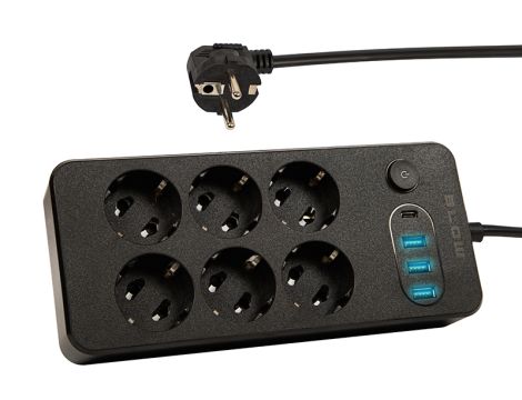 PS-620 6-Buchsen-Verlängerungskabel 3xUSB 1xUSB-C 2m schwarz 2x1mm